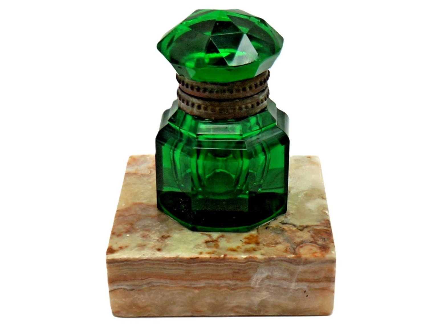 Octagonal Green Glass Inkwell on Marble
