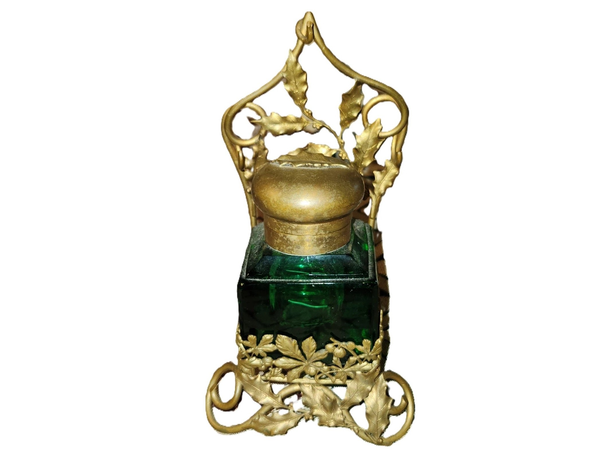 Green Glass Inkwell in Ornate Holder