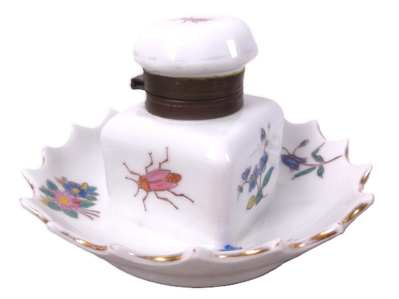 Porcelain Inkwell with Insect and Flower Decoration