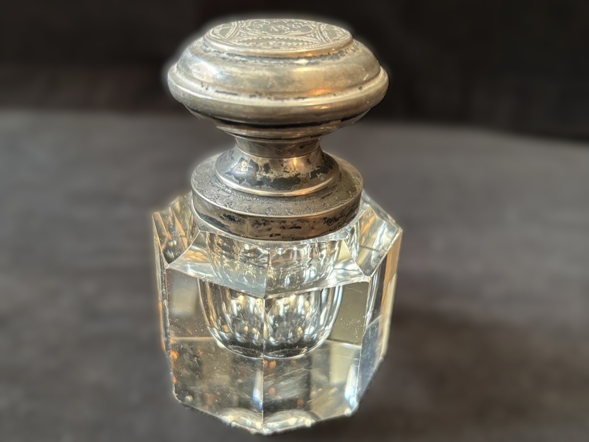 Crystal Inkwell with Silver Lid Engraved 1882