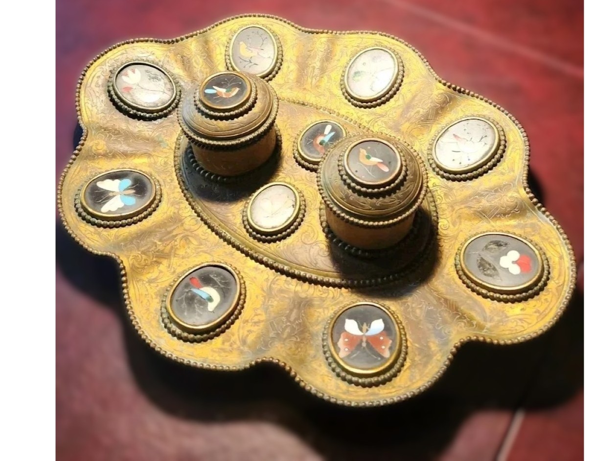 Double Bronze Inkstand with Pietra Dura Medallions