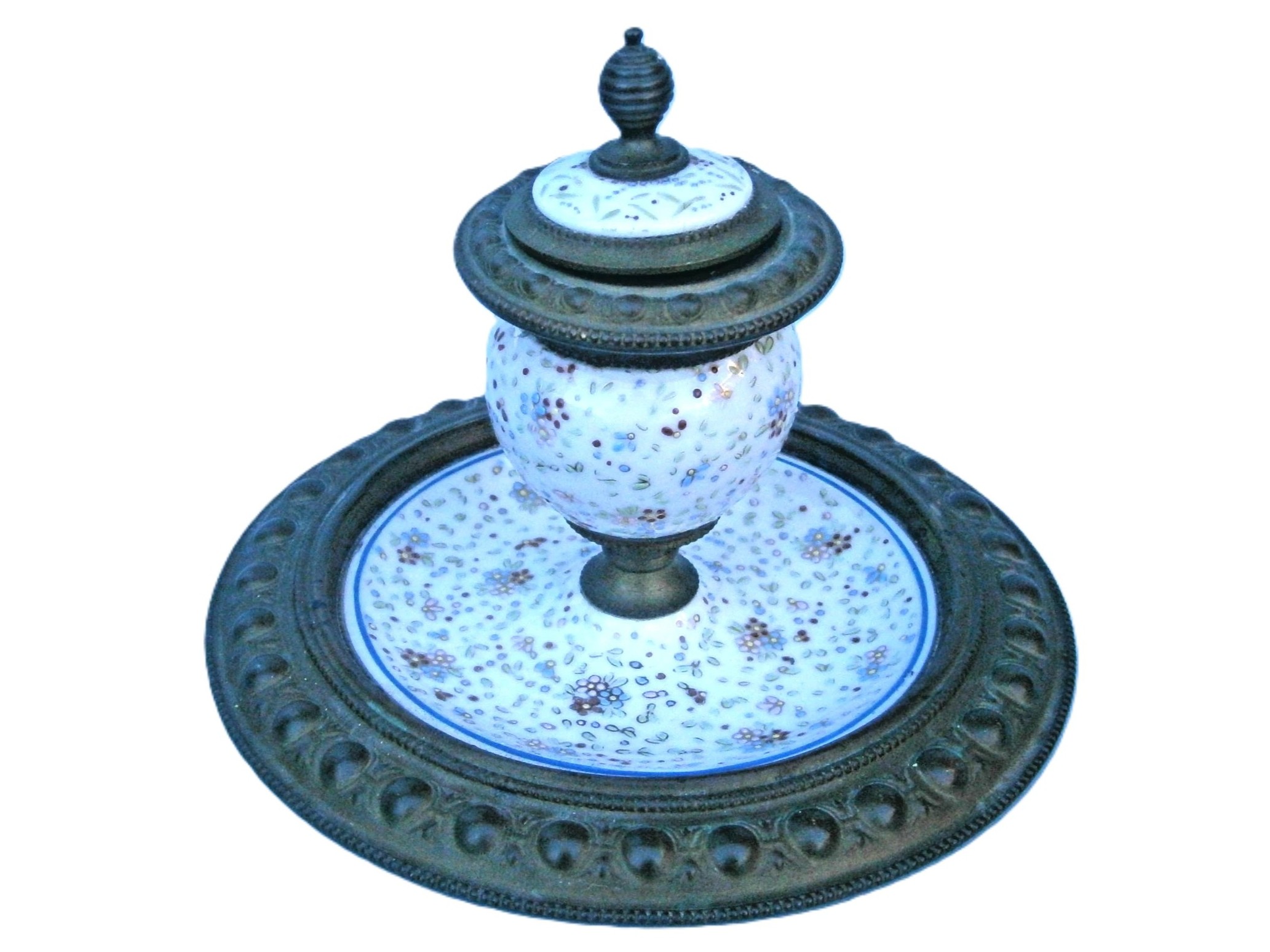 Porcelain and Bronze French Inkstand with Enameled Flowers