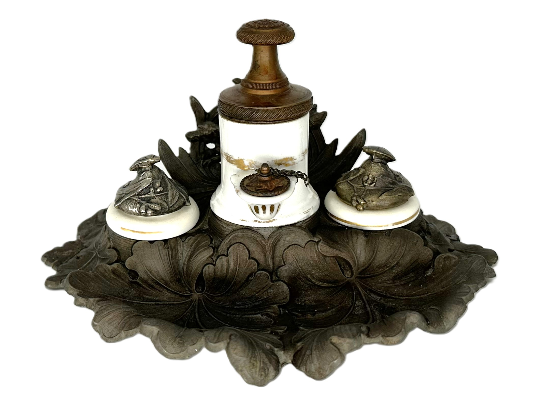 French Triple Inkstand with Hunting Dog Motif