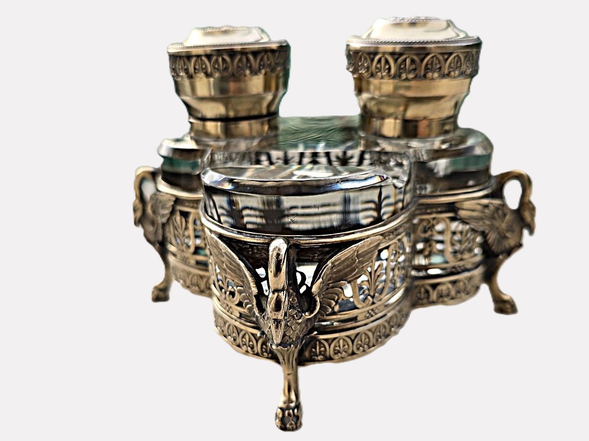 French Empire Revival Vermeil Silver & Trefoil Crystal Inkstand