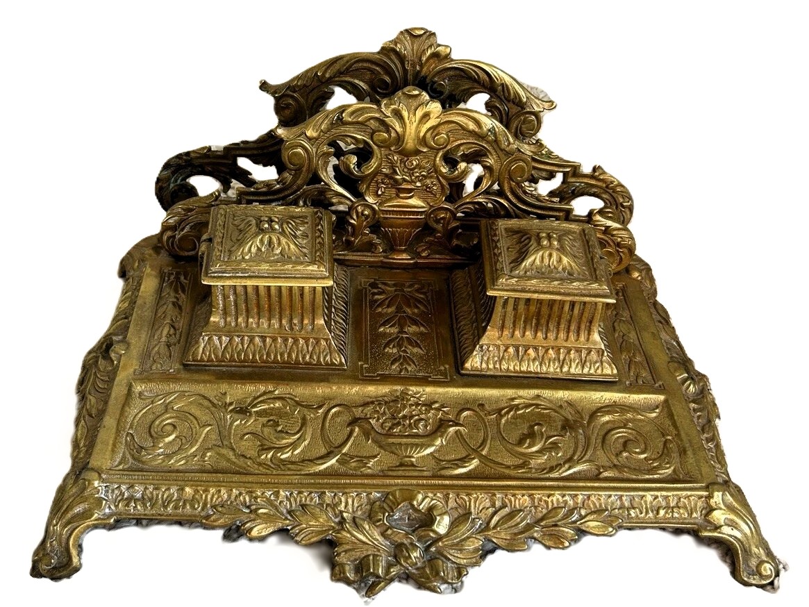 Brass Double Inkstand with Letter Holder