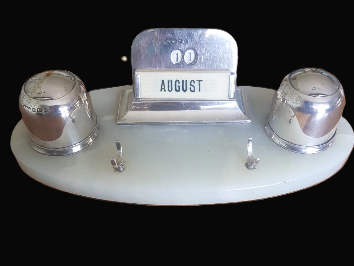 Art Deco Silver & White Onyx Perpetual Calendar Inkstand