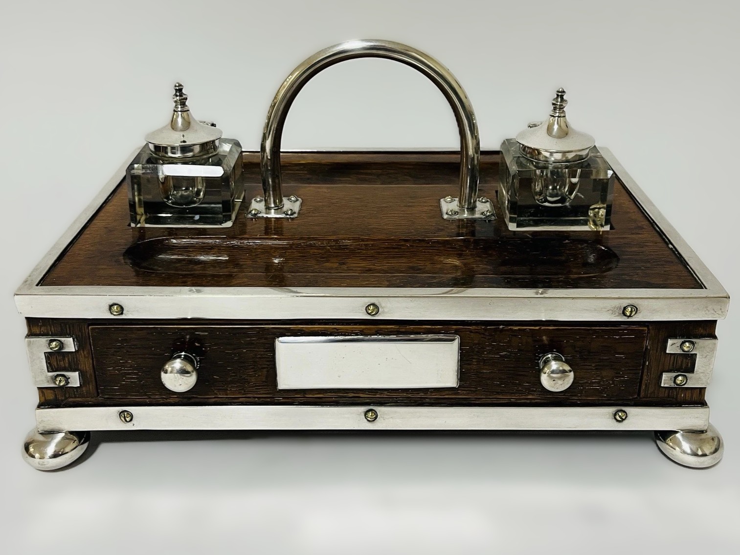 Oak Standish with Silver-Plated Mounts