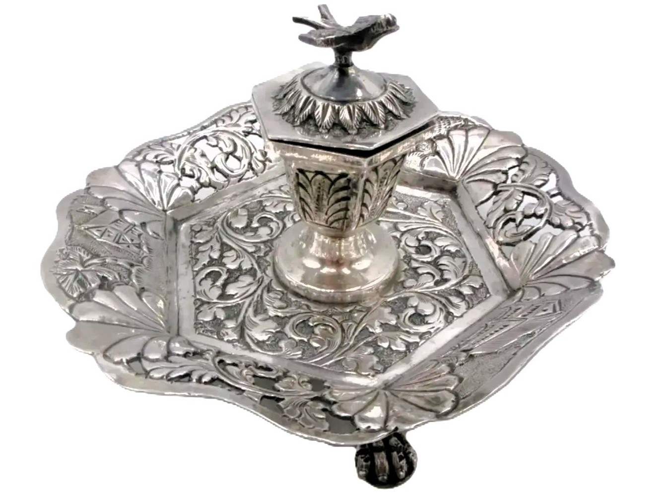 Silverplated Inkstand with Bird Finial