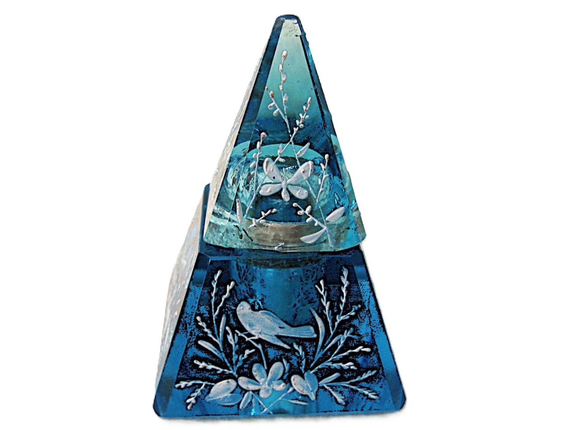 Enameled Blue Glass Pyramidal Inkwell