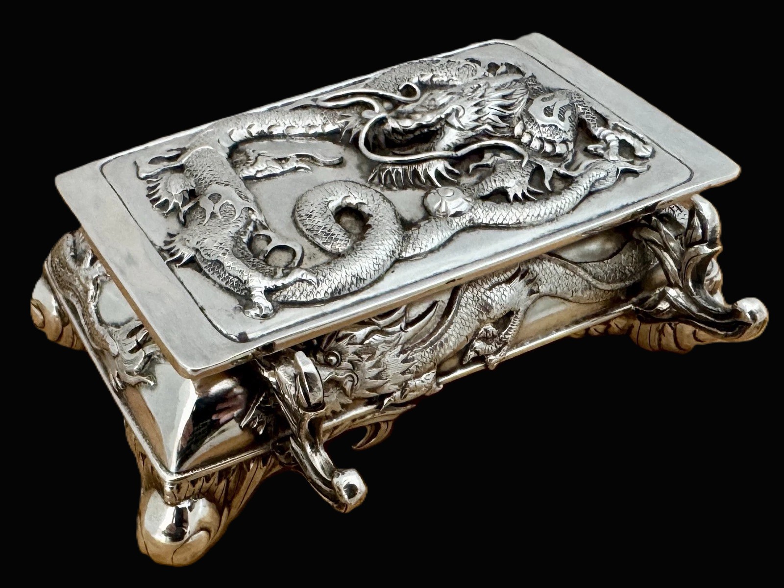 Chinese Export Silver Double Inkstand with Dragons