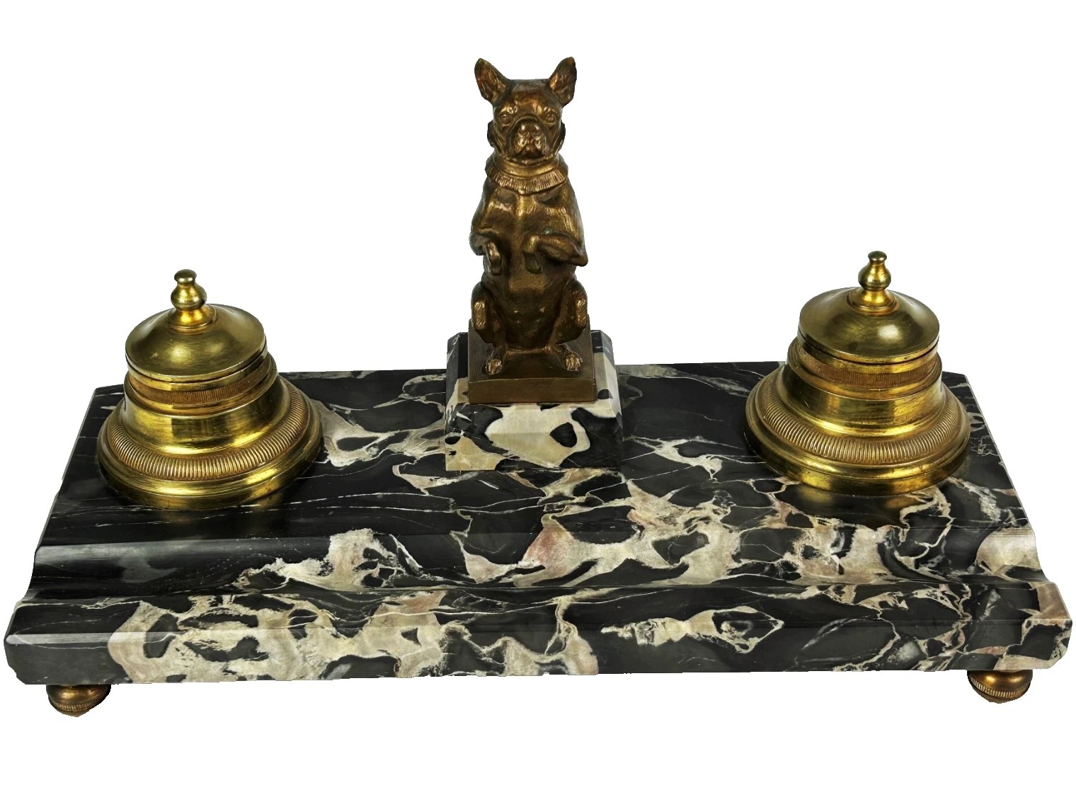 Marble Double Inkstand with Bronze Dog