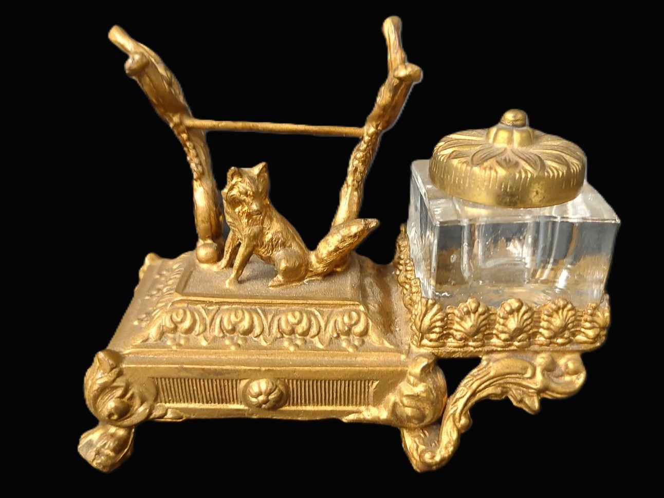 19th Century French Gilt Bronze Fox Inkstand
