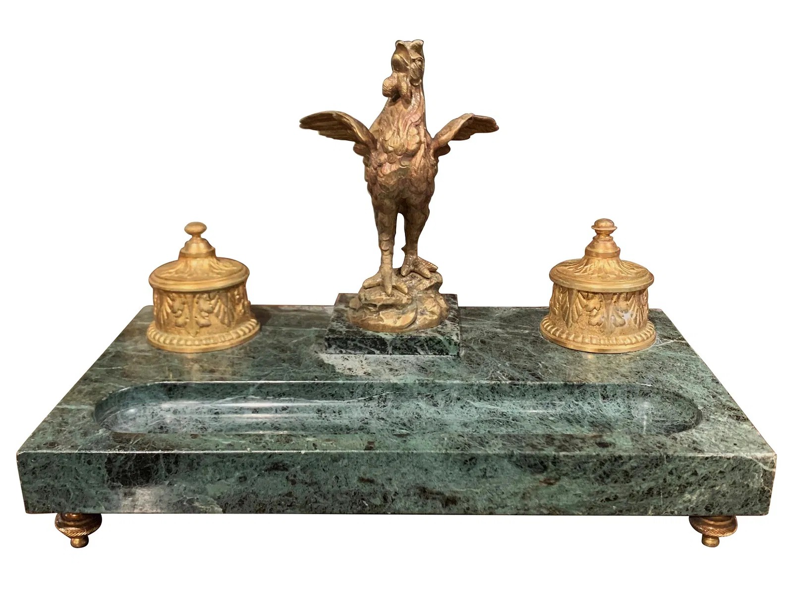 Late 19th-Century French Gilt and Patinated Bronze “Cockerel” Inkstand