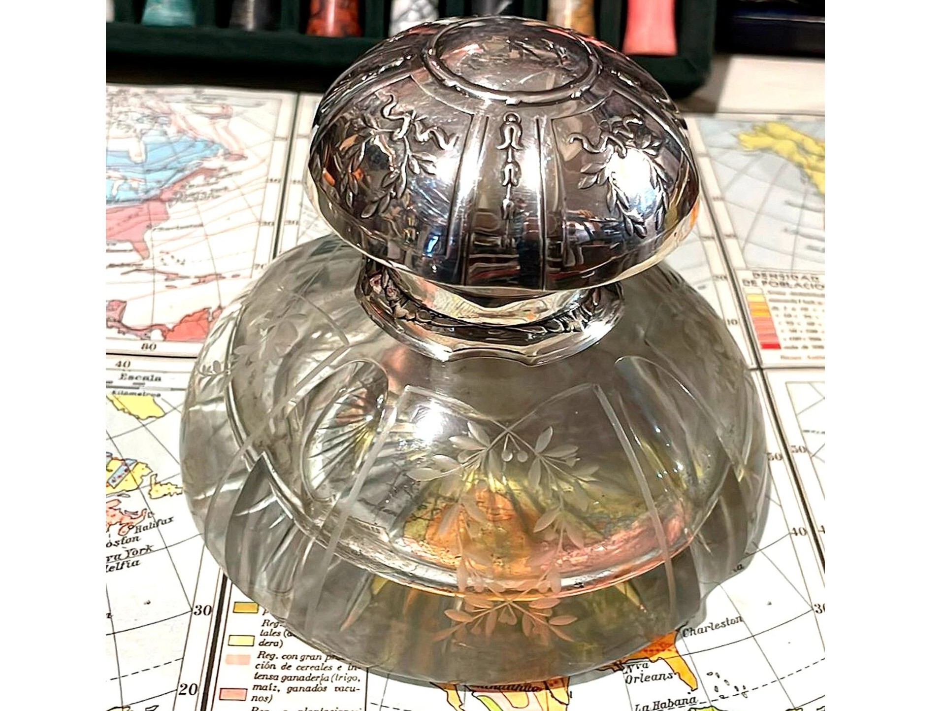 French Sterling Silver and Cut Crystal Inkwell