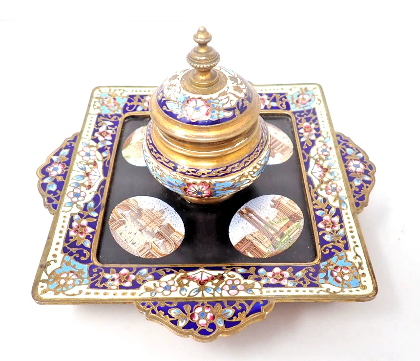 Champlevé Enamel and Micro Mosaic Inkstand