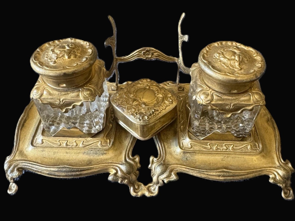 Brass Double Inkstand with Patented Lids