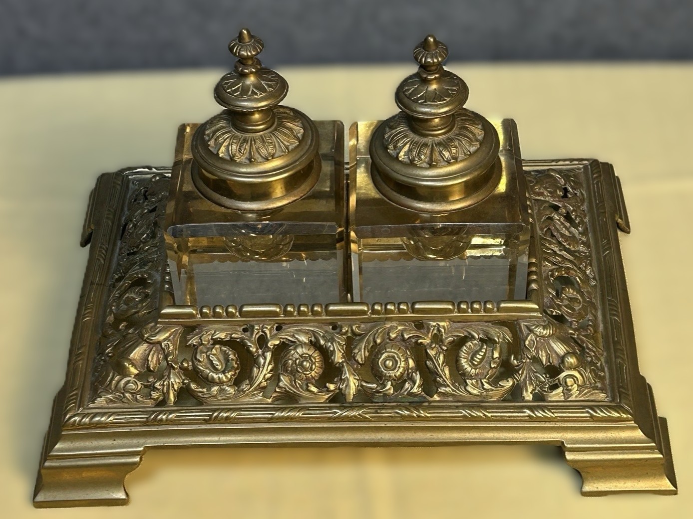 Double Inkstand – Rococo Revival Brass & Glass
