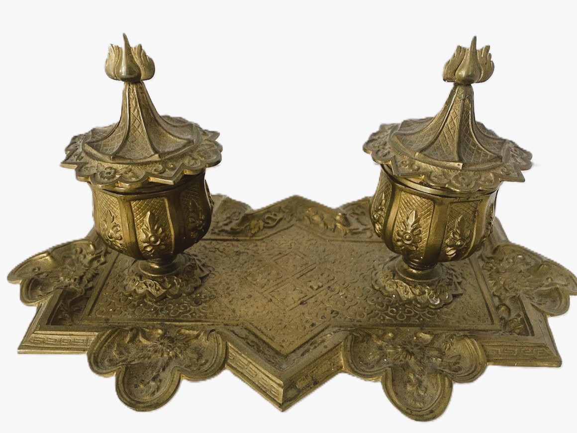 Anglo-Chinoiserie Brass Double Inkstand with Pagoda-Top Wells