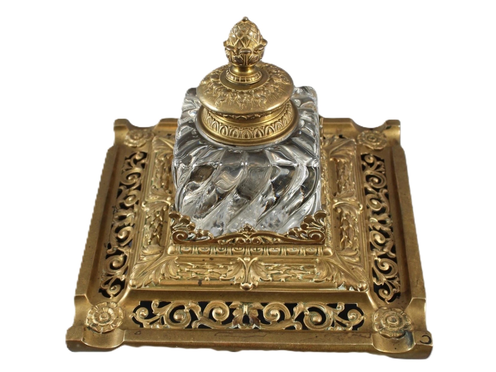 Ornate Bronze and Spiral-Fluted Crystal Inkstand