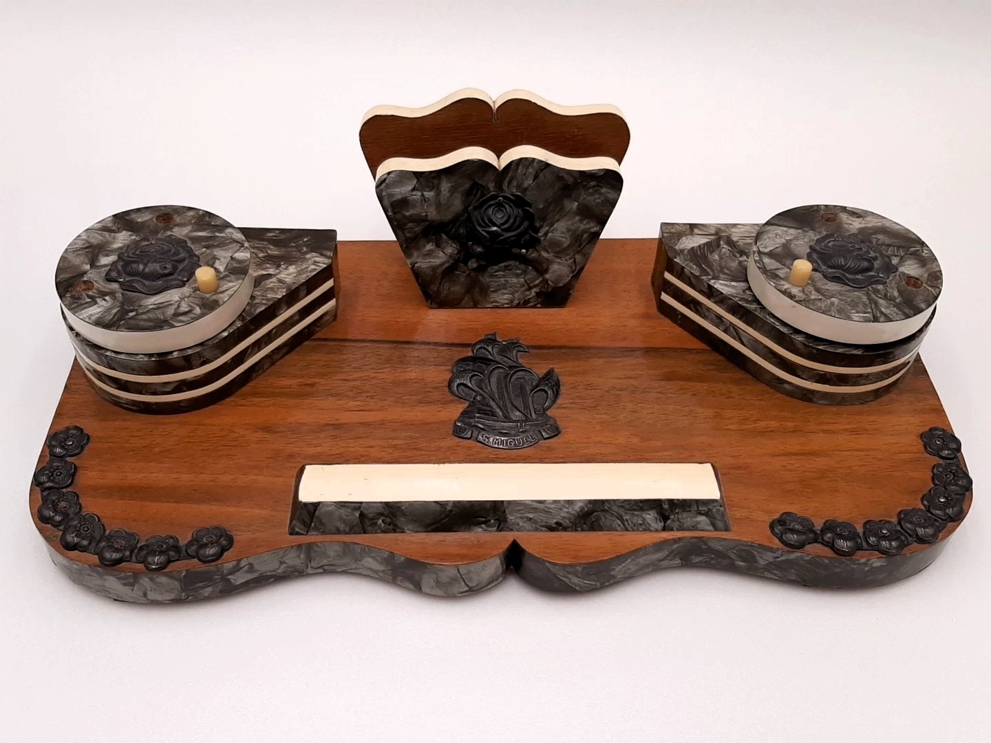 Art Deco Marbled Celluloid & Wood Double Inkwell
