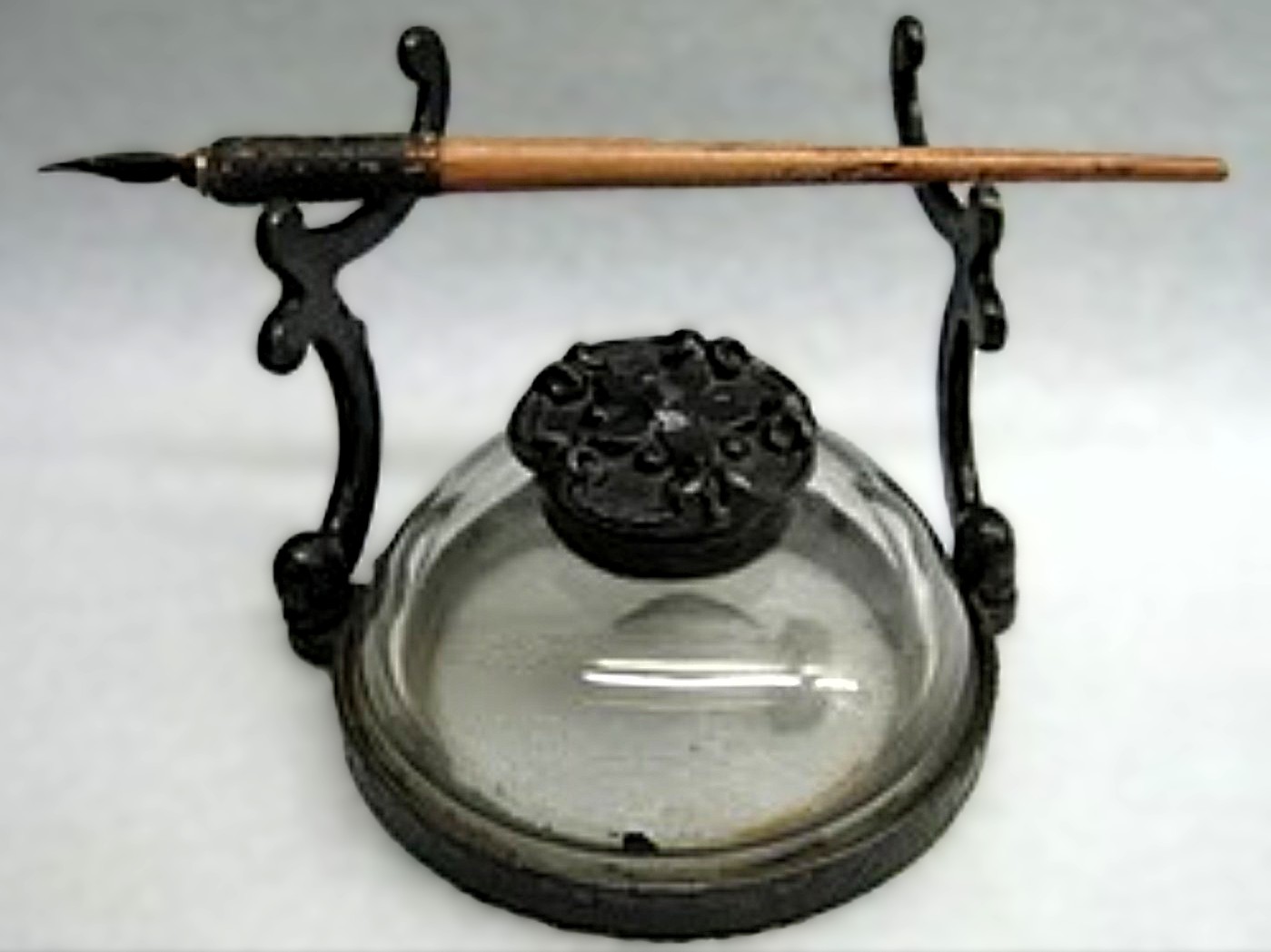 Cast Iron and Blown-Glass Dome Inkstand with Pen Rack