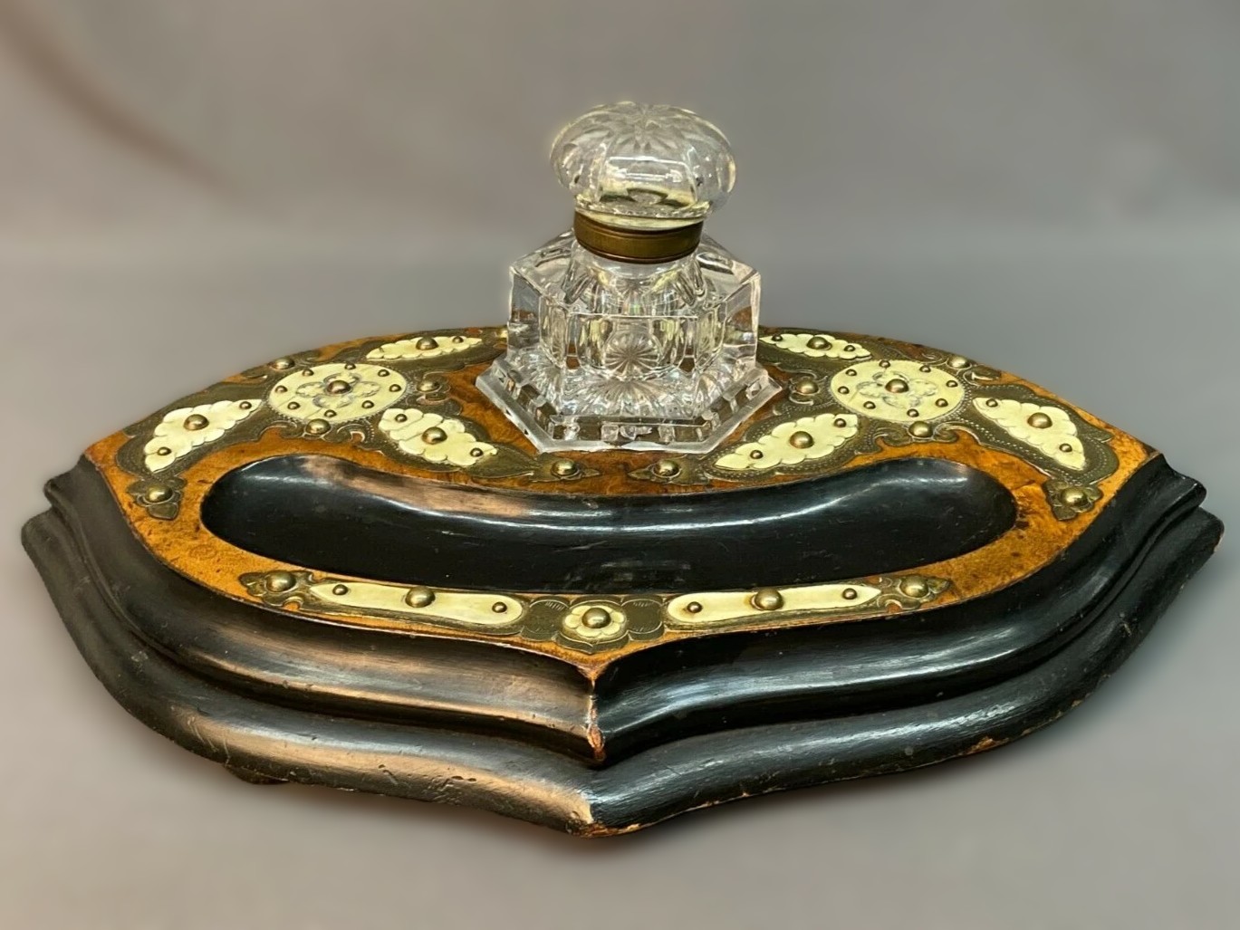 English Brass Strapwork Overlay Inkstand