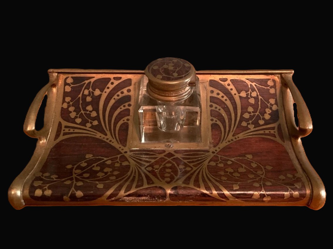 Art Nouveau Brass-Inlaid Rosewood Inkwell