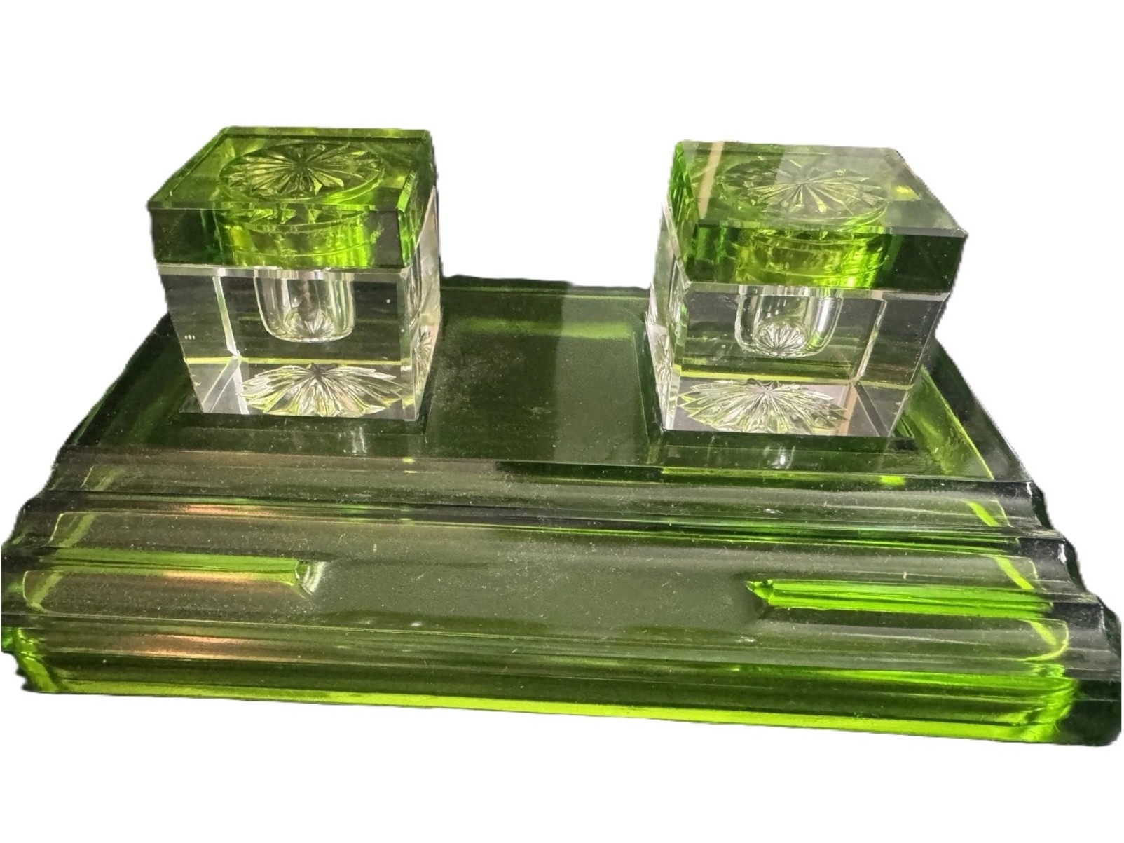Green Pressed Glass Double Inkstand
