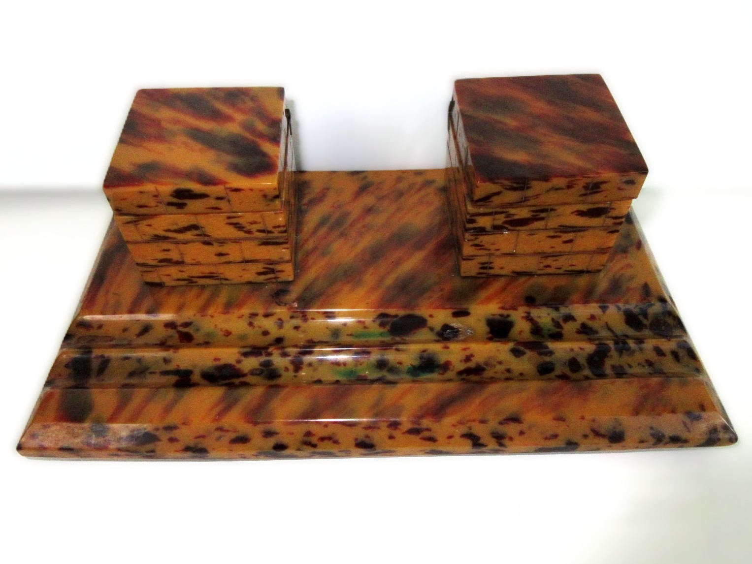 Celluloid Double Inkwell Desk Set in Tortoiseshell Motif