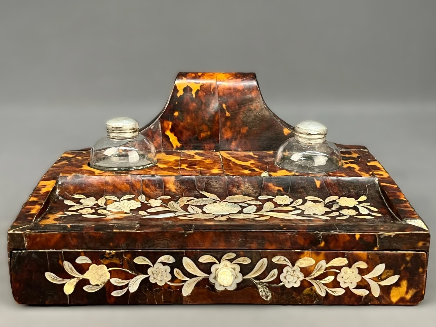Tortoiseshell and Mother-of-Pearl Inlaid Double Inkstand