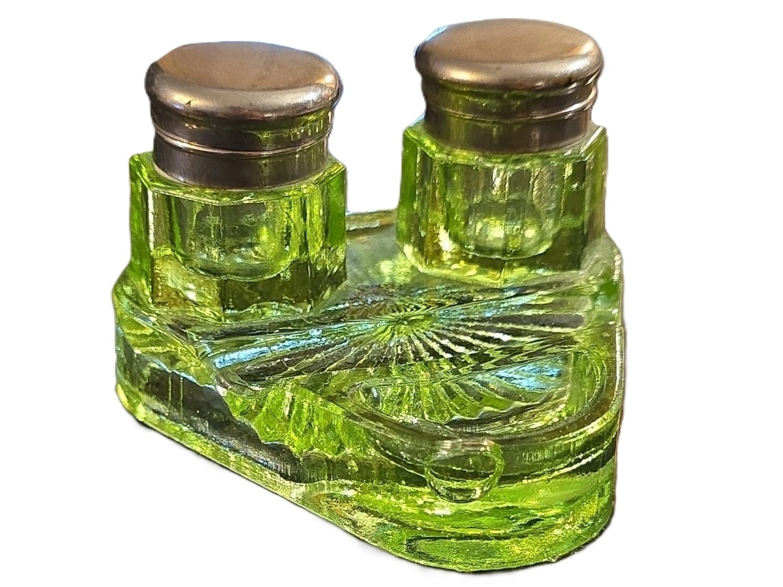 Vaseline Glass Double Inkstand