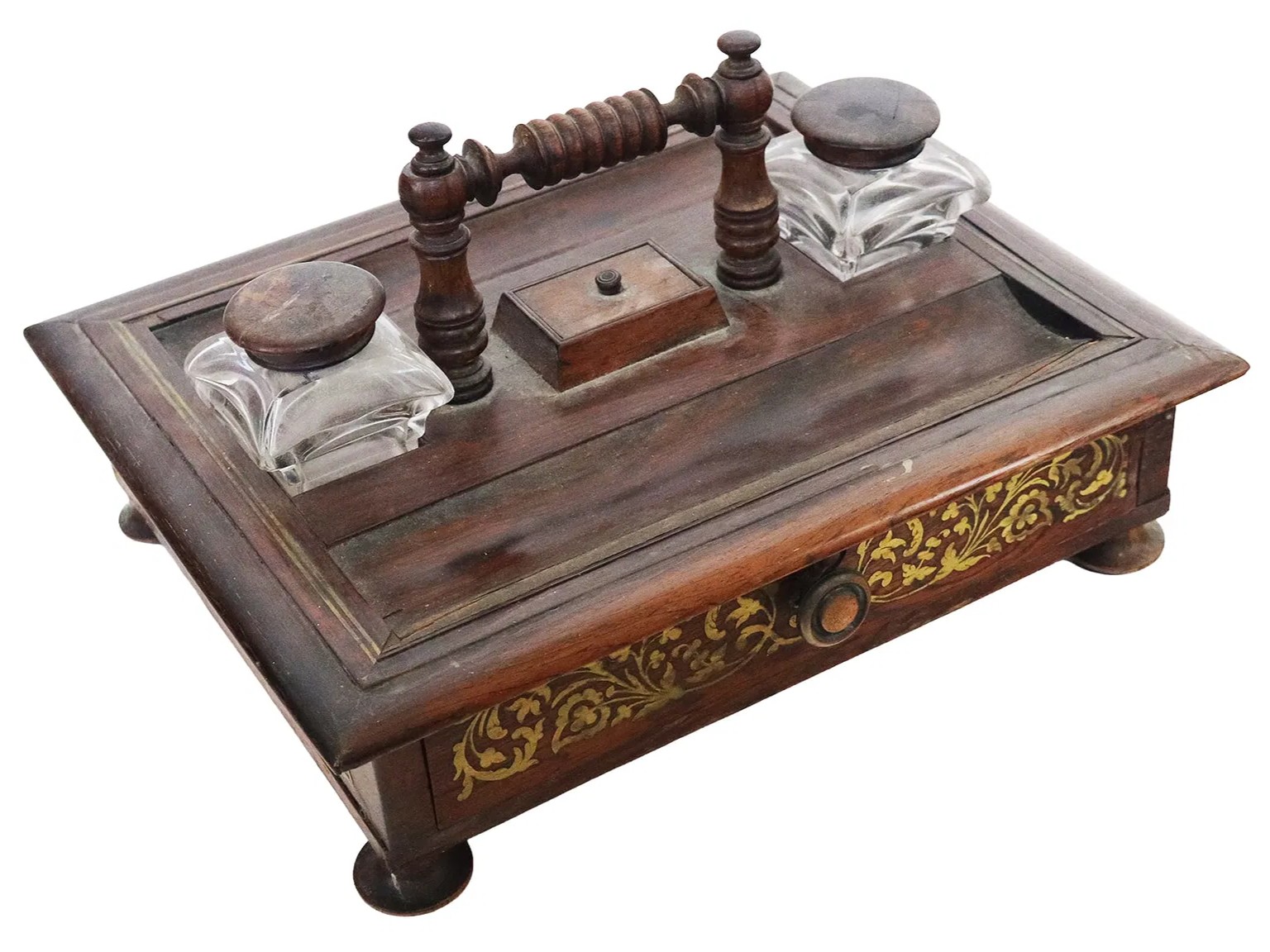 Anglo-Indian Wooden Inkstand with Brass Inlay