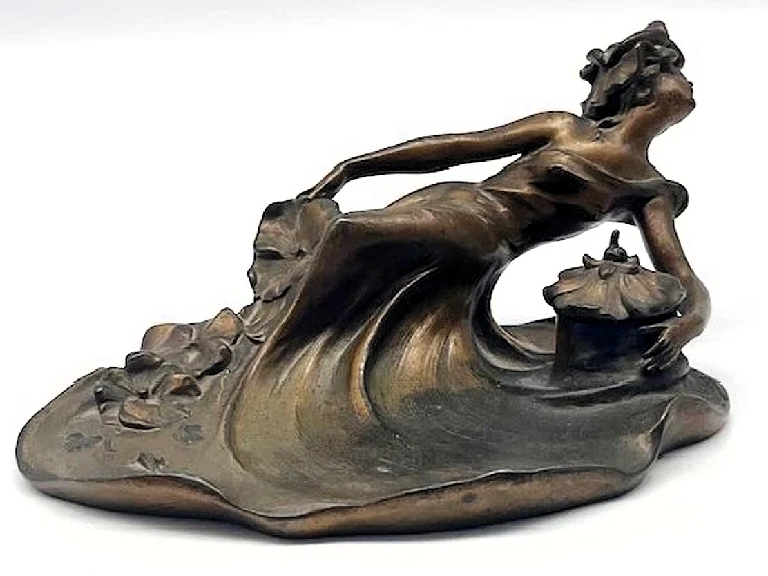 Signed Art Nouveau Reclining Maiden Inkstand