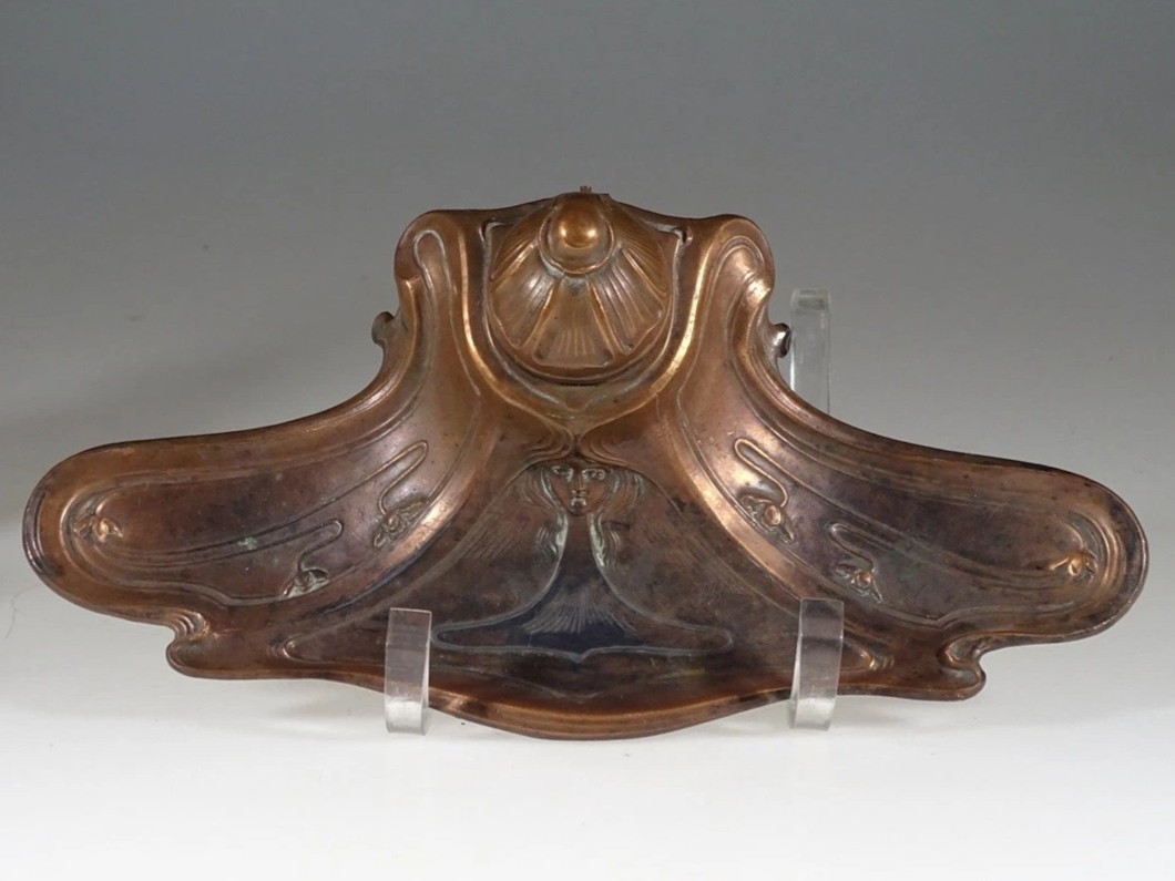 Art Nouveau Copper Inkstand with Maiden & Floral Motifs