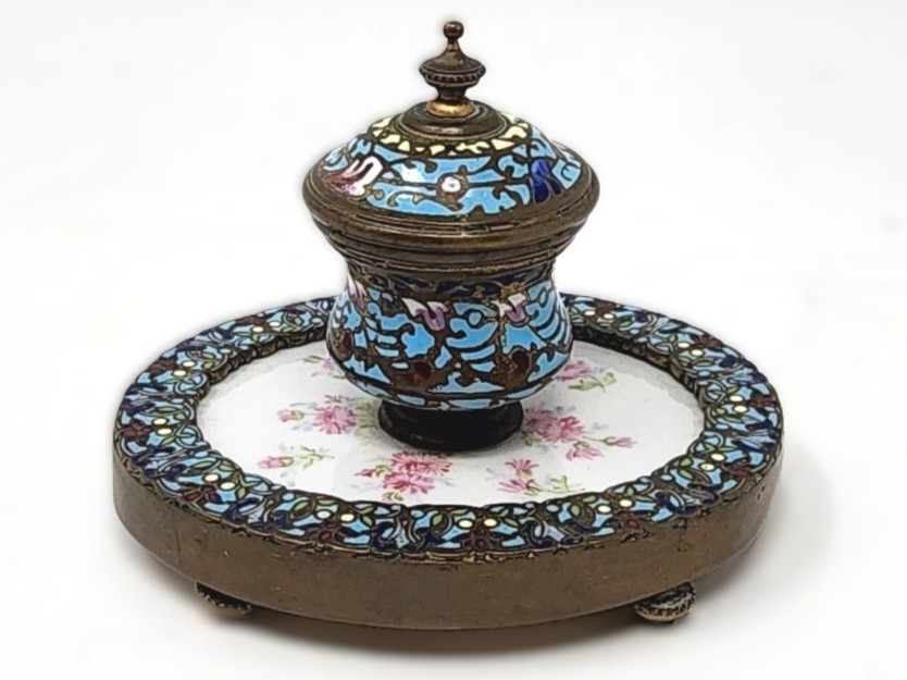 Champlevé Enamel and Floral Porcelain Inkstand