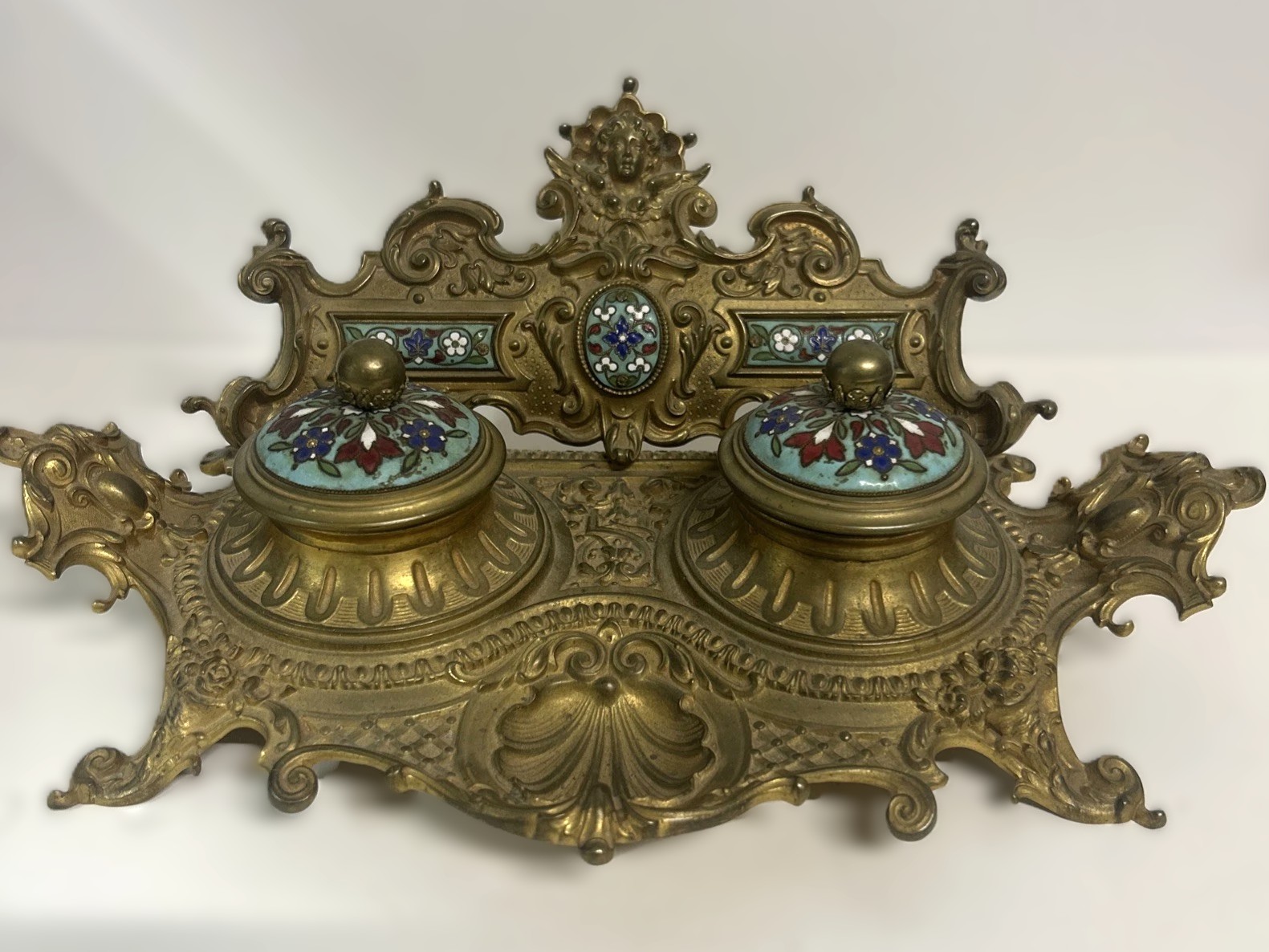 French Champlevé Enamel & Gilt Brass Double Inkstand