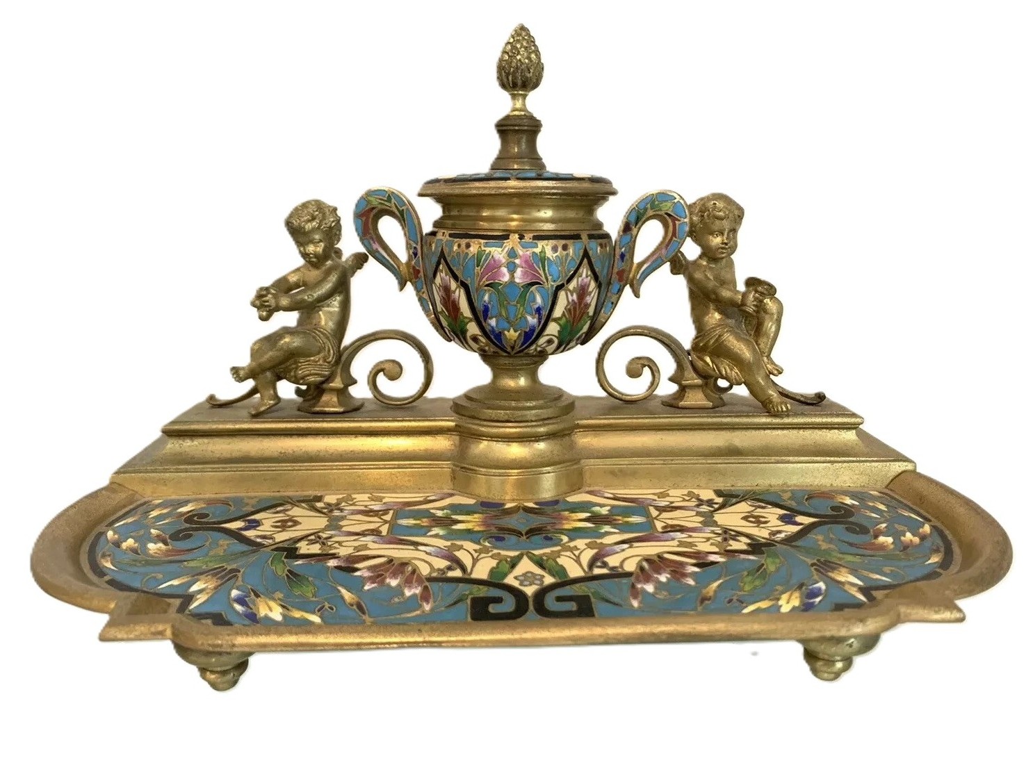 Gilt Bronze & Champlevé Enamel Cherub Inkstand