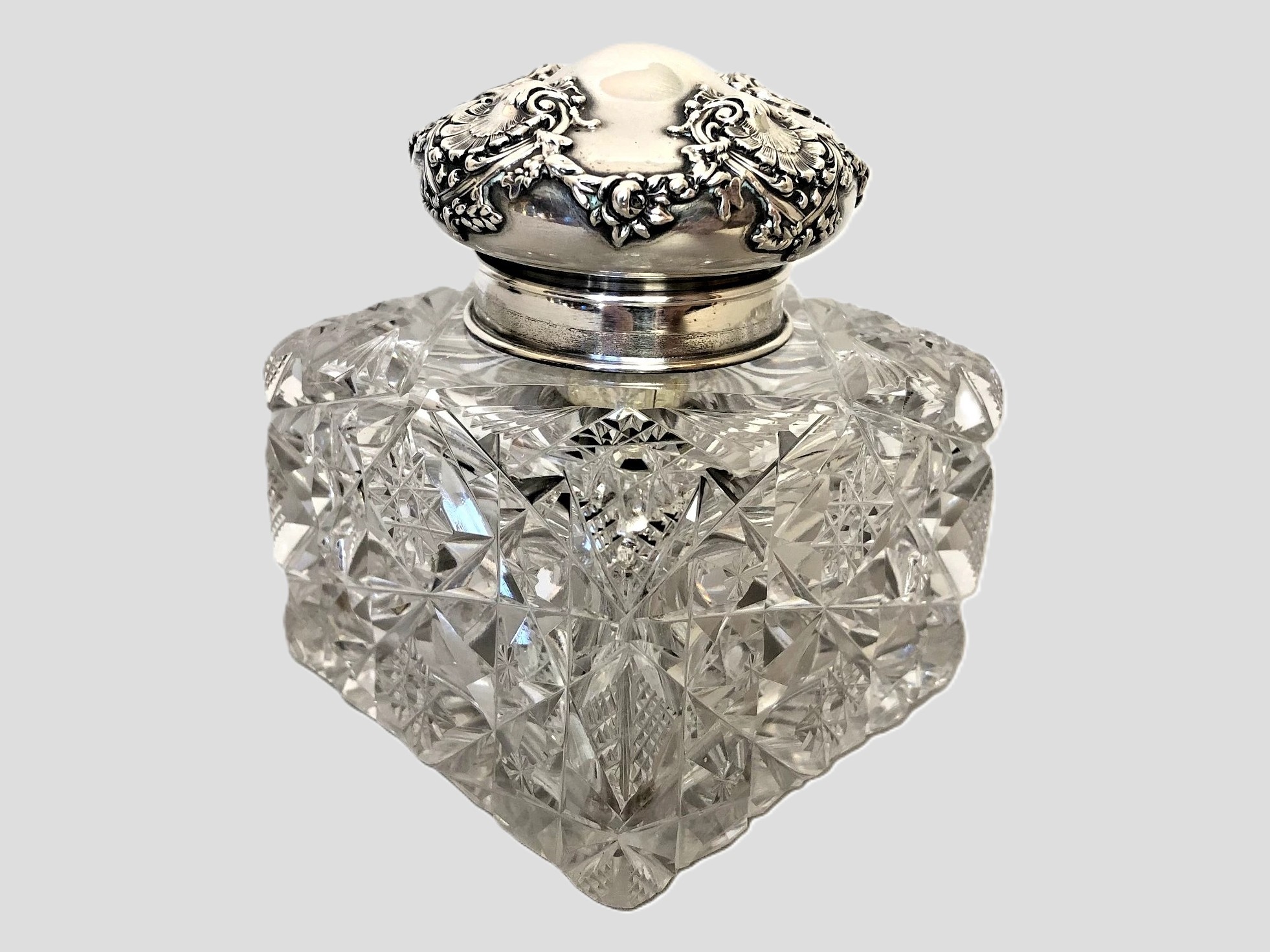 American Brilliant Cut Glass Inkwell with Repoussé Sterling Lid