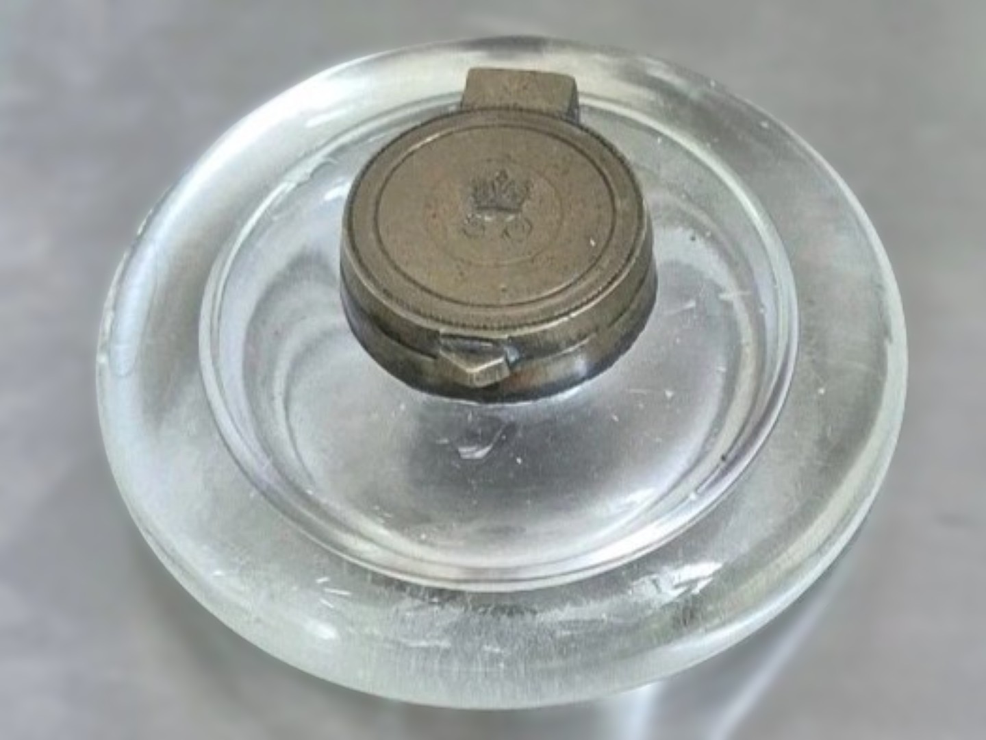 British Government Issue Brass & Heavy Pressed Glass Inkwell