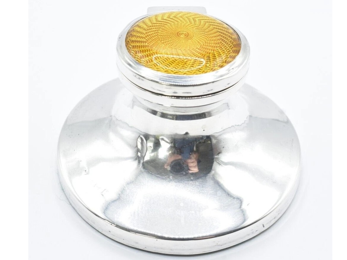 Capstan Sterling Silver Inkwell with Yellow Guilloche Enameled Lid