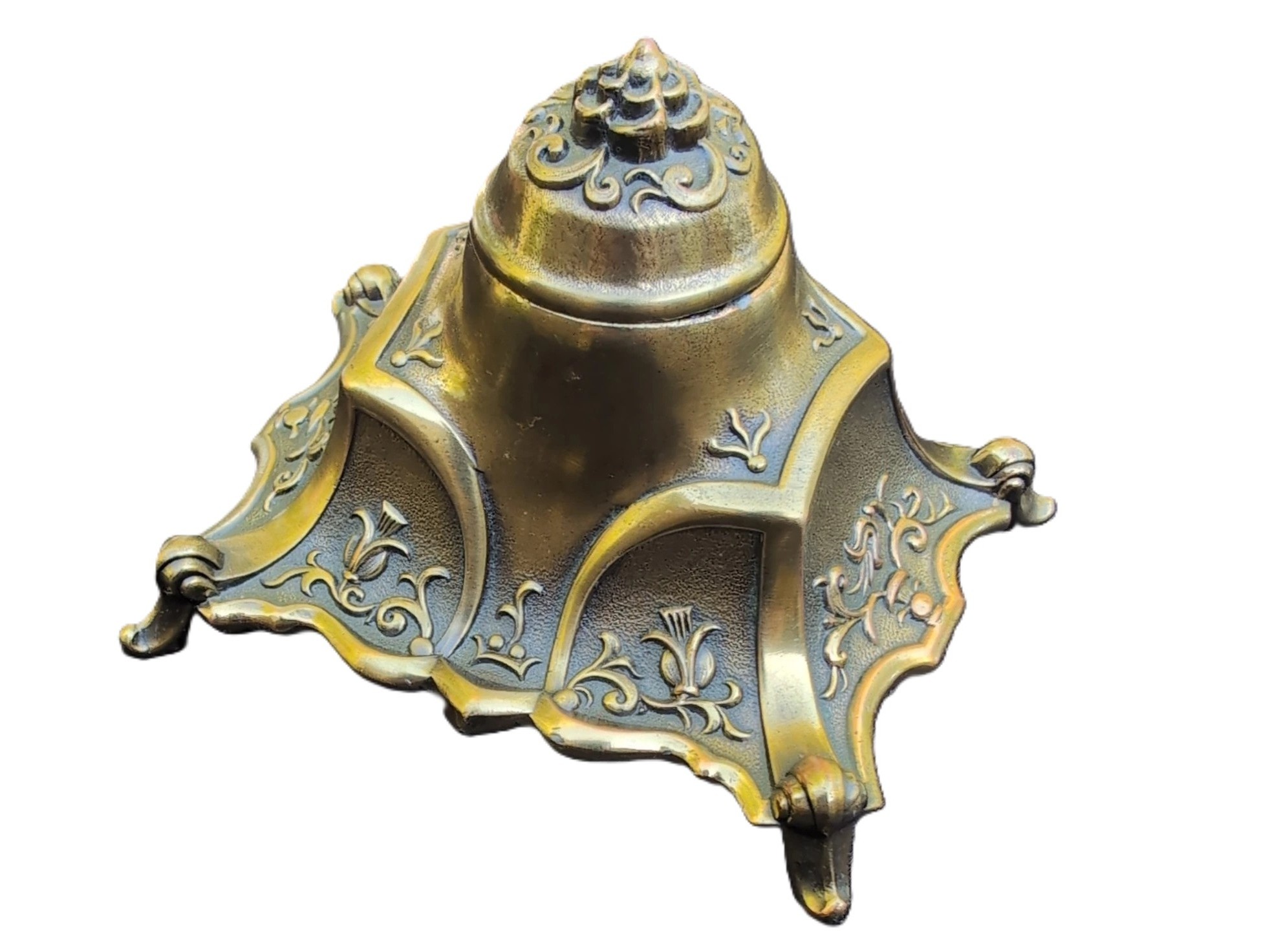 K&O Cast Brass Inkwell with Floral Relief