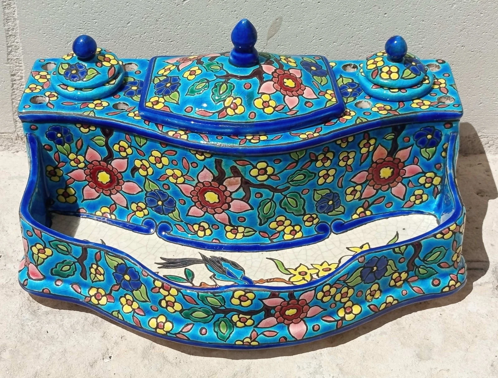 Émaux de Longwy Turquoise Floral Ceramic Double Inkstand