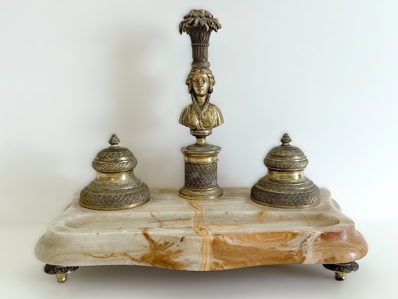 Banded Onyx & Brass Double Inkstand with Bust of Ceres