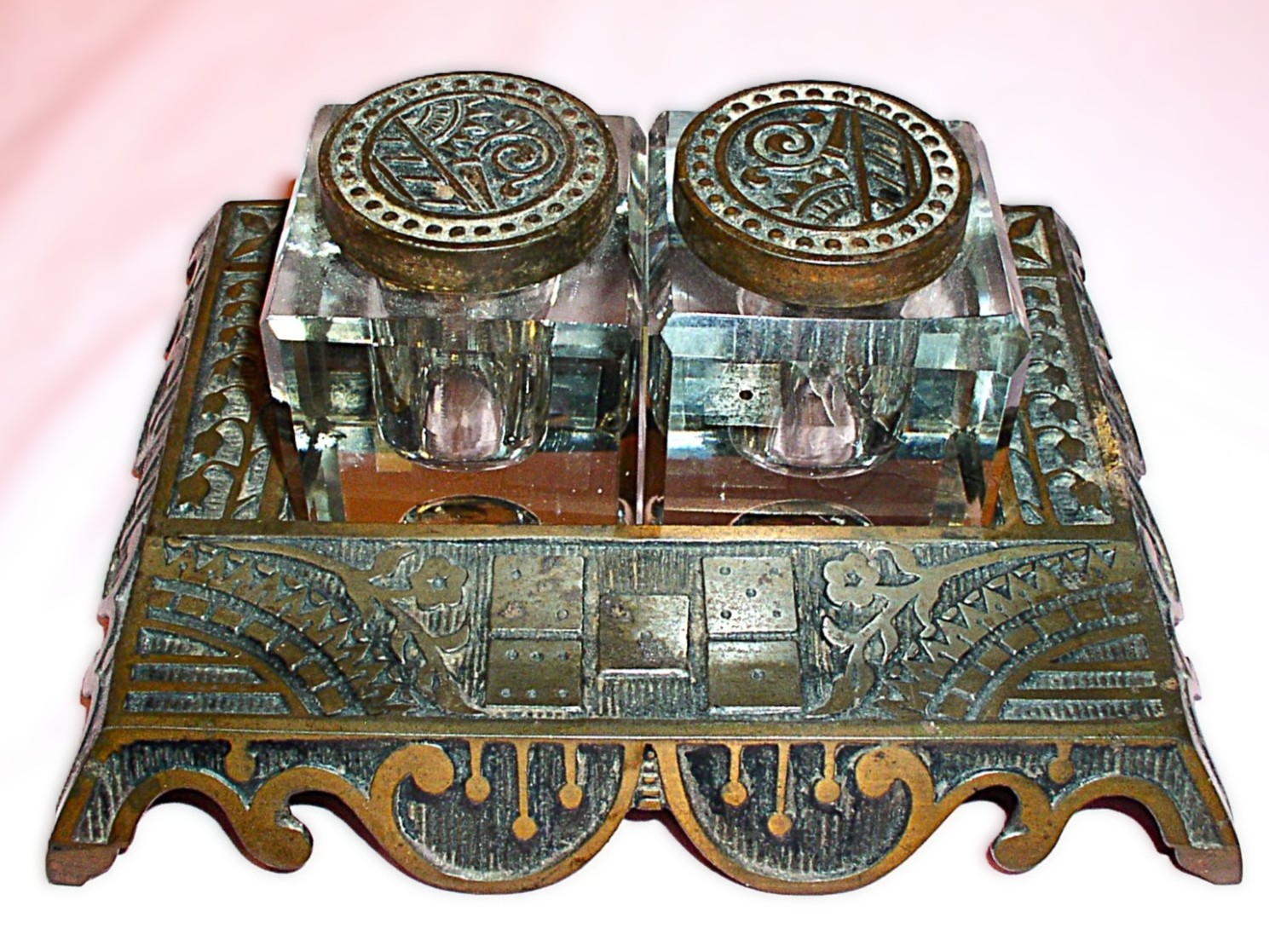 Cast Metal & Cut-Glass Double Inkstand with Domino Motif