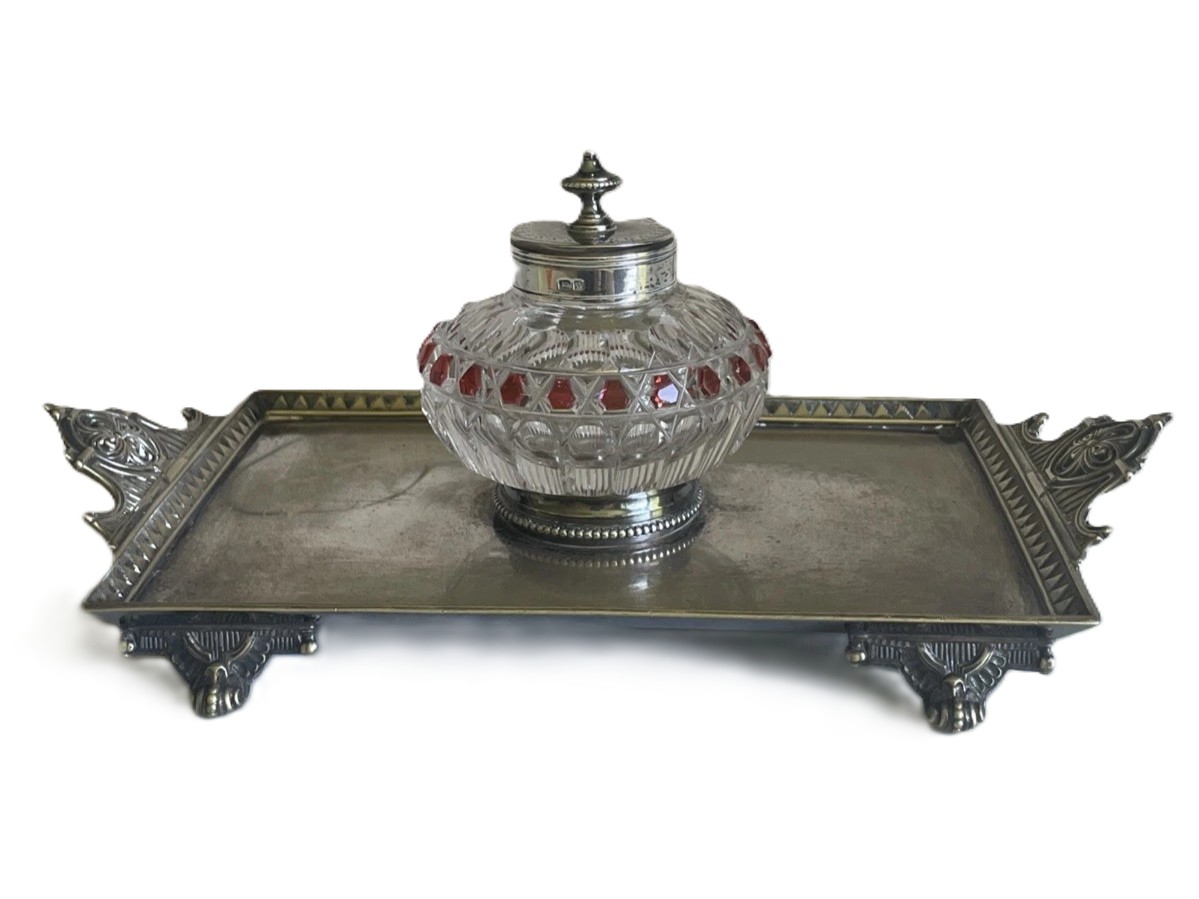 Silver & Ruby Cut-Glass Inkstand