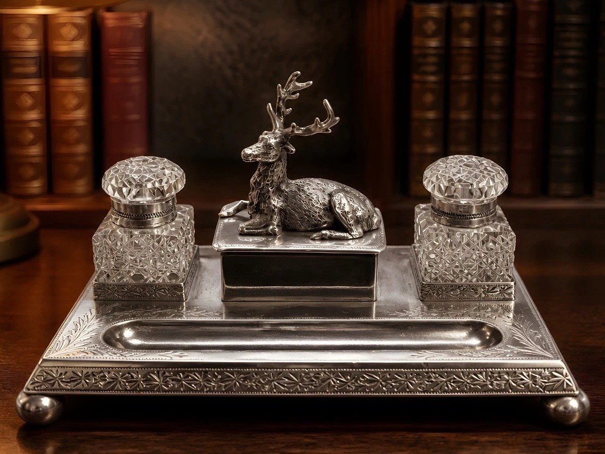 Silverplated Inkstand with Recumbent Stag