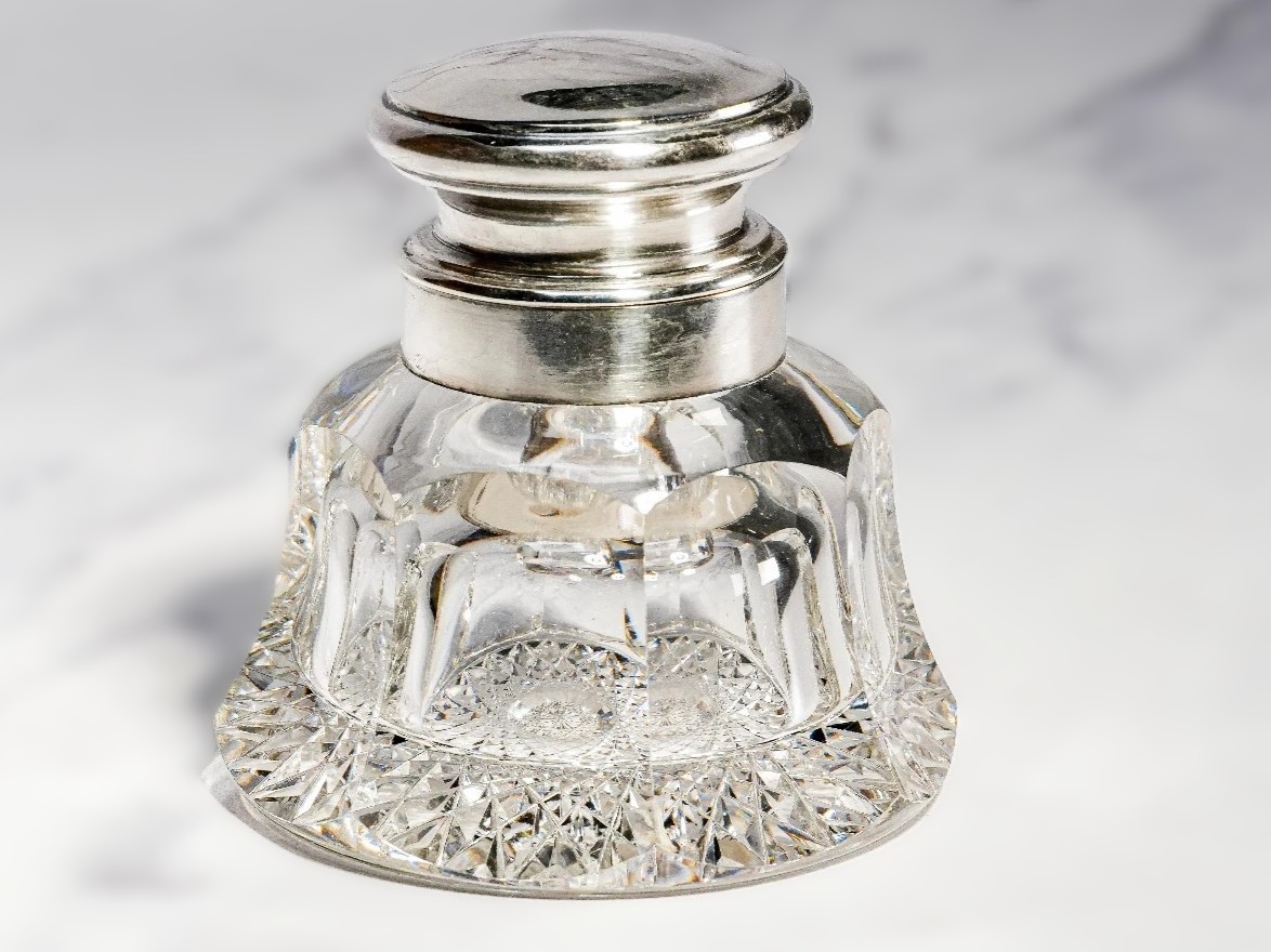 Circa 1895 Black, Starr & Frost Brilliant Cut Crystal & Sterling Inkwell