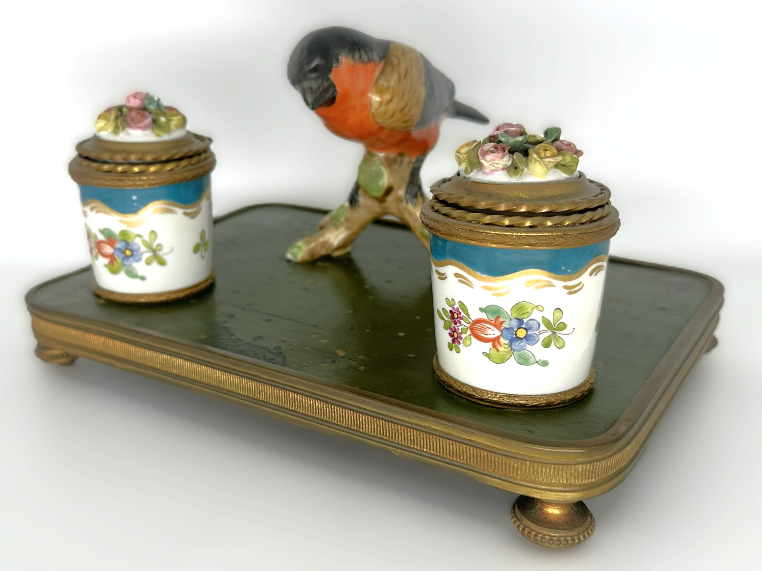 Porcelain & Gilt Brass Bullfinch Inkstand