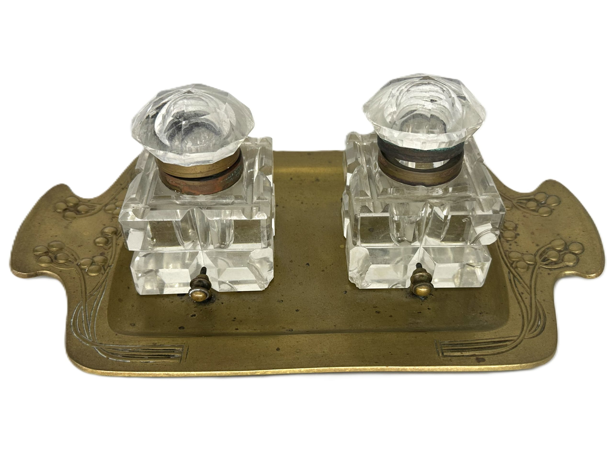 Art Nouveau Brass & Cut-Crystal Double Inkstand