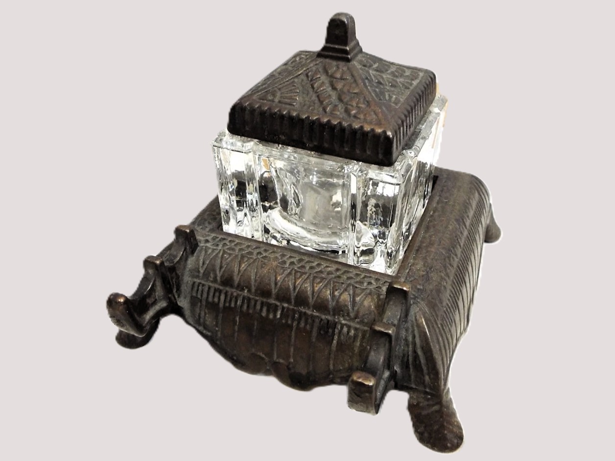 Pressed Glass Inkwell on Cast Iron Base